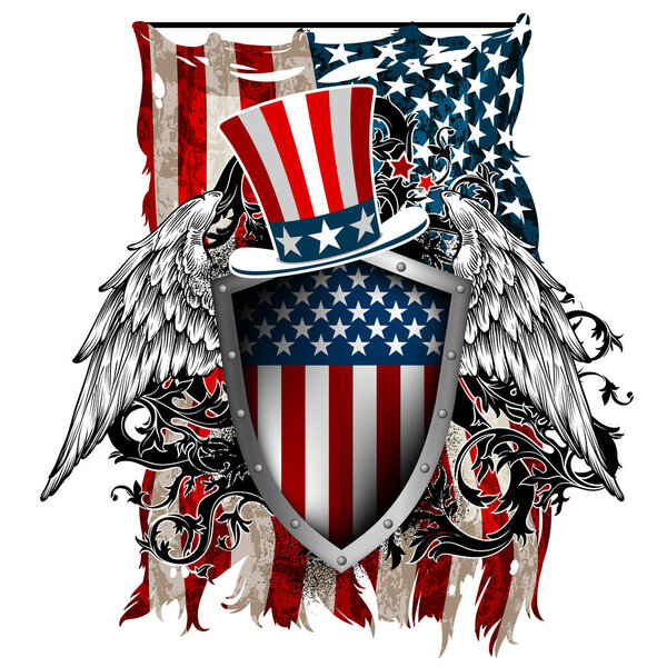 Shield with striped american flag decor and wings in retro style. Detailed realistic illustration.
