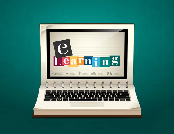 Könyv az e-learning - mobil tanulás fogalma — Stock Vector