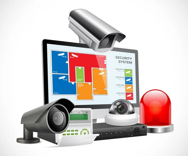 Videocamera a circuito chiuso e DVR - videoregistratore digitale - concetto di sistema di sicurezza — Vettoriale Stock