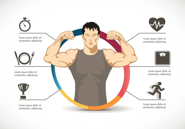 Fitness - stark man - gym koncept - hälsosam kost — Stock vektor