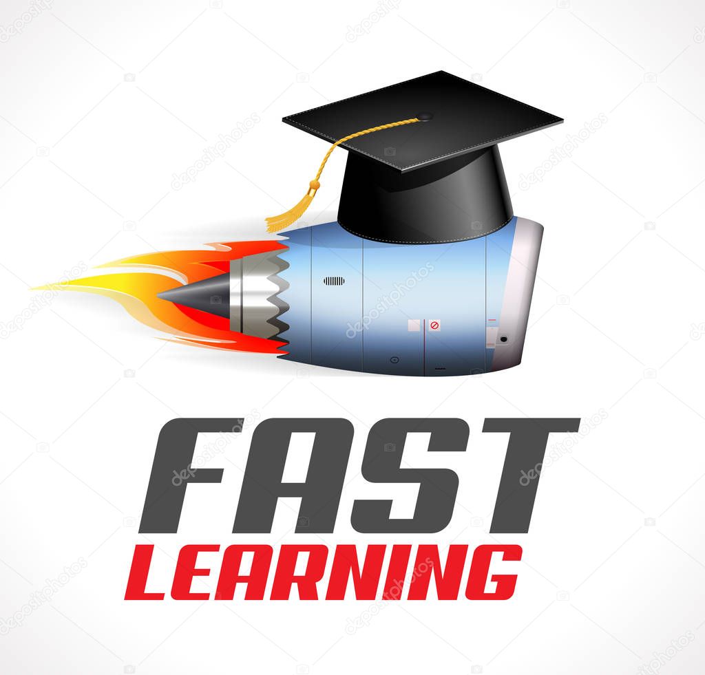 Fast learning concept - turbo jet engine and students cap
