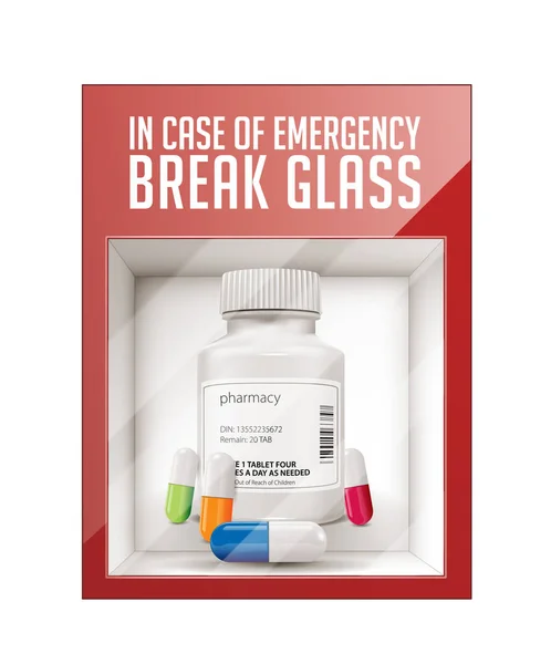 In case of emergency break glass - pills concept — Stock Vector