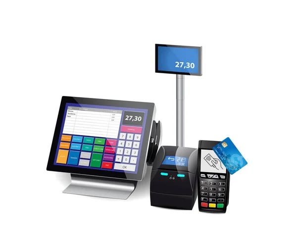 Kassa, printer en kaart betaalterminal - retail apparatuur Shop — Stockvector