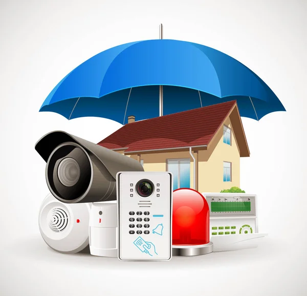 Sistema de seguridad para el hogar - Sistema de control de acceso - Casa protegida por paraguas — Vector de stock