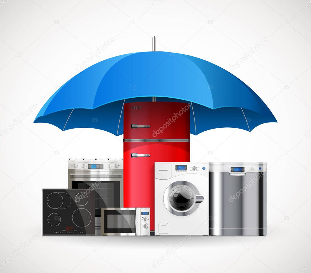 Kitchen and house appliances: microwave, washing machine, refrigerator, gas stove, dishwasher, iron.
