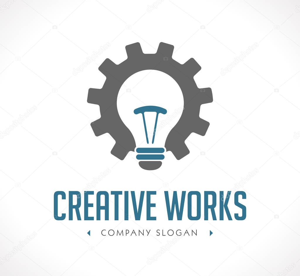 Power of creation logo - working gears and light bulb concept