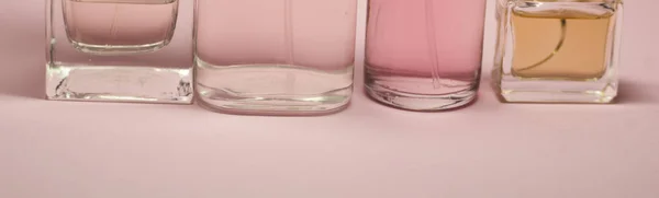 Woman Beauty Cosmetics Concept Bottles Liquid Perfume Pink Background — Stock Photo, Image