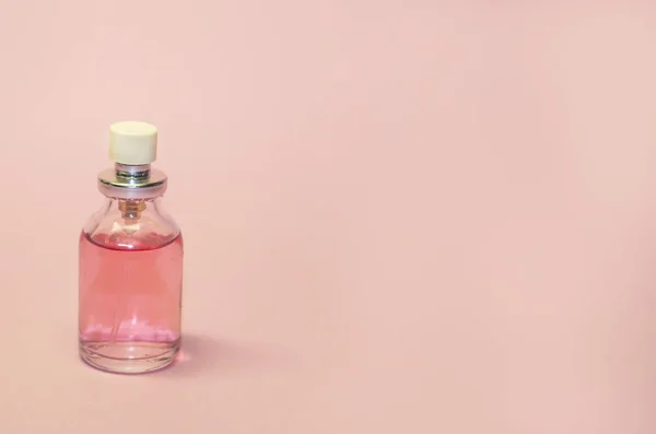 Woman Beauty Cosmetics Concept Bottles Liquid Perfume Pink Background — Stock Photo, Image