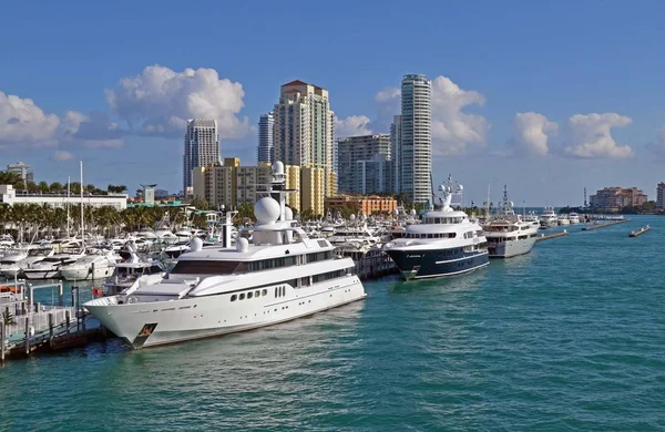 Mega Yachts fortøyd på Miami Beach Marina – stockfoto