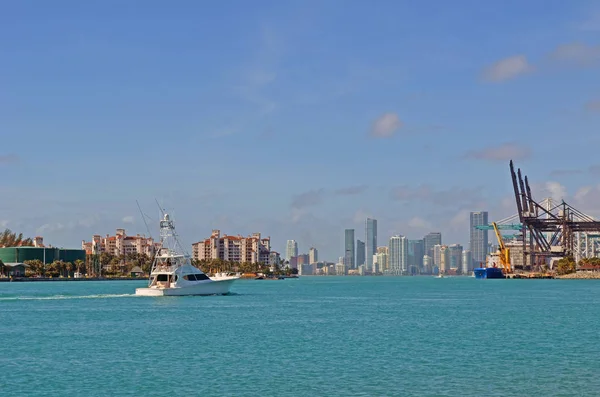 Spor Balıkçı Teknesi Lüks Adası Kınamak Miami Manzarası Port Miami — Stok fotoğraf