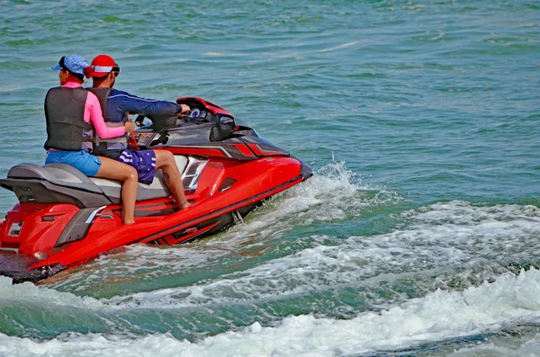 Close Young Couple Riding Tandem Red Jet Ski Florida Intra — Stock Photo, Image