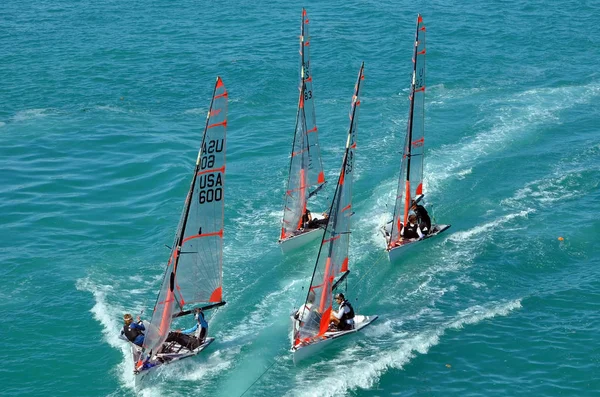 Miami Florida January 2020 Small Racing Sailboats Being Towed Starting — 스톡 사진