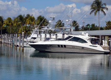 High-end cabin cruiser. and charter sports fishing boats docked at a marina on Key Biscayne,Florida
