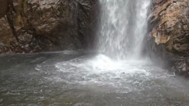 Mann schwimmt in Fluss nahe Wasserfall — Stockvideo