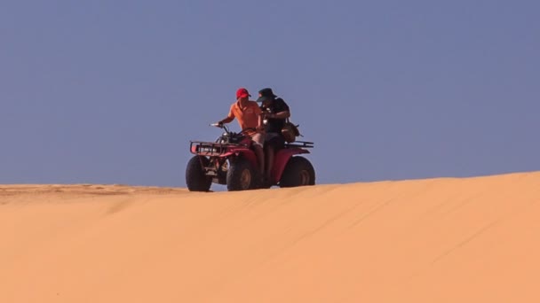 スカイラインとジープを実行する砂丘と遠いクワッド — ストック動画