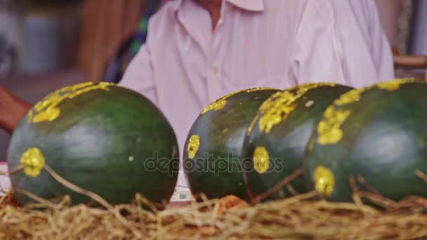 Decorated colorful watermelons on table straw — Stock Video