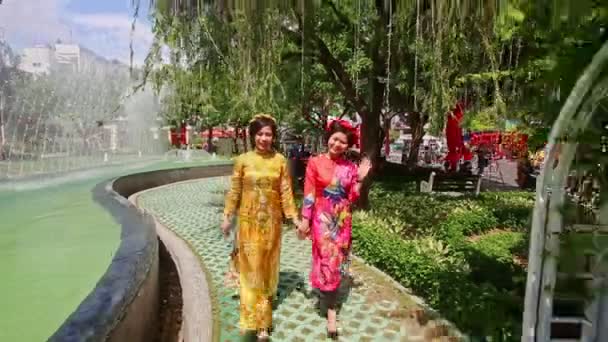 Ragazze vietnamite a piedi nel parco — Video Stock