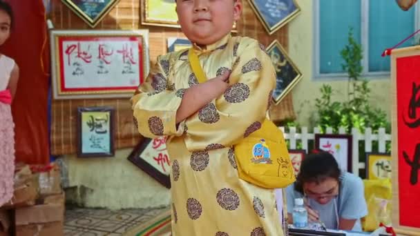 Junge in Tracht posiert im Geschäft — Stockvideo