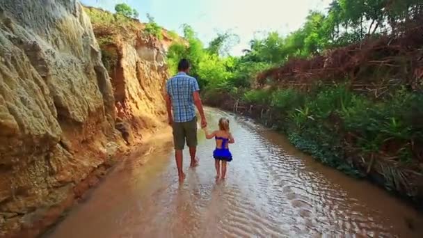 Vader met dochter wandeling tussen de schaduwrijke steile Fairy Stream banken — Stockvideo