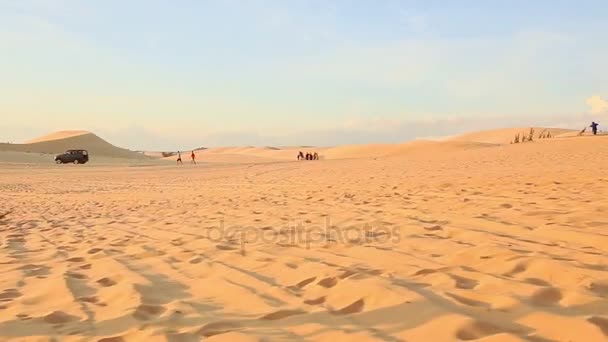 Fille fonctionne pieds nus sur les dunes de sable — Video