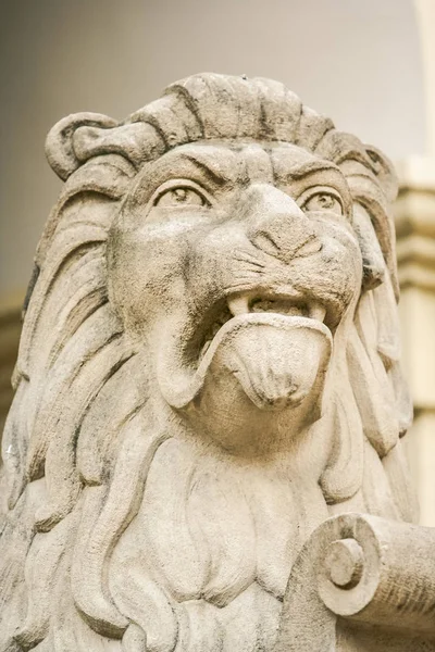 Closeup Large Lion Head Sculptured from Stone