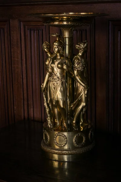 Closeup Crimea Vorontsov Palace Interior Bronze Women Sculpture Candelabra Wooden — Stock Photo, Image