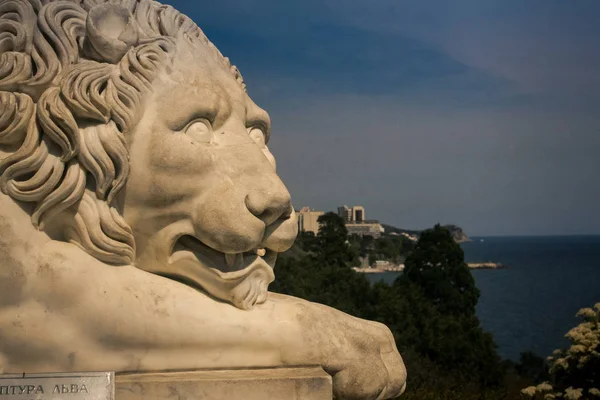 Κεφάλι Closeup Της Παλιάς Λευκό Γλυπτό Μαρμάρινο Λιοντάρι Στο Πάρκο — Φωτογραφία Αρχείου