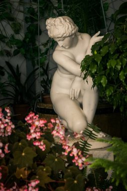 Kırım Vorontsov Sarayı eski yaşlı mermer Yunan mitolojik çıplak Tanrıça heykelini yeşil bahçe çiçek