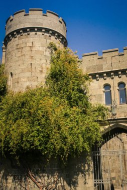 Vorontsov Sarayı kule mavi gökyüzünde bahar Kırım'karşı dağcı yeşil ağaçlarıyla Panoraması