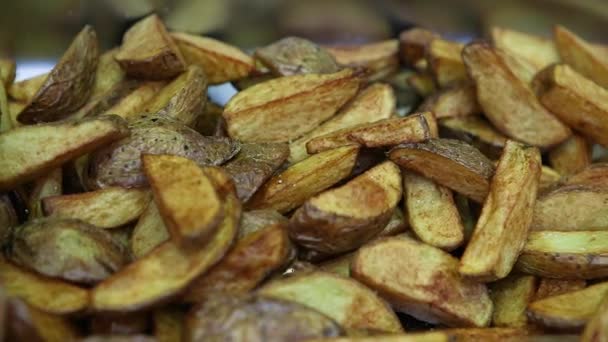 Closeup Homemade Backed Potatoes Metal Tray Street Food Market — Stock Video