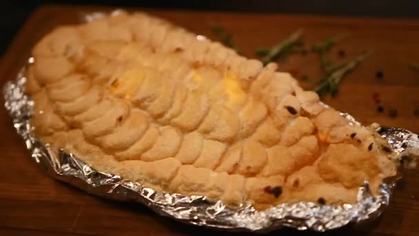 Fire Burns Crust Made Eggwhite Salt Mousse Baked Fish — Stock Video