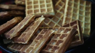 sokak gıda Pazar metal kaset'closeup altın Belçika waffle Panoraması