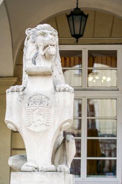 Lvov şehir armalar Restoran cam pencere ve fener karşı aslanla oturma portre taş heykel