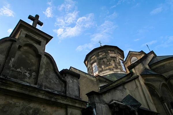 Parte Superior Closeup Pequena Igreja Armênia Antiga Com Cruz Paredes — Fotografia de Stock
