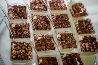 tepsi üstten görünüm üzerinde kürek kaşık ile tiramisu tatlılar ayarla