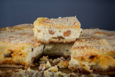 Üzümlü rustik peynirli kek parçası turta gri arka plan üzerinde duruyor