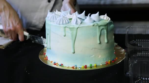 菓子職人の手は削減ブルー誕生日ケーキは小さな断片に Gingerbreads ビゼー 空をテーマにゼファーで飾られ ボックスに入れて — ストック動画