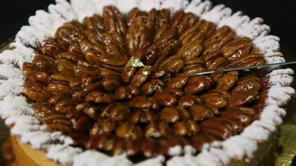 Homemade Biscuit Cake Coated Almonds Cuts Knife — Stock Video