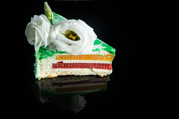 Closeup Piece Tasty Green Glazed Mousse Cake Yellow Red Jelly — Stock Photo, Image