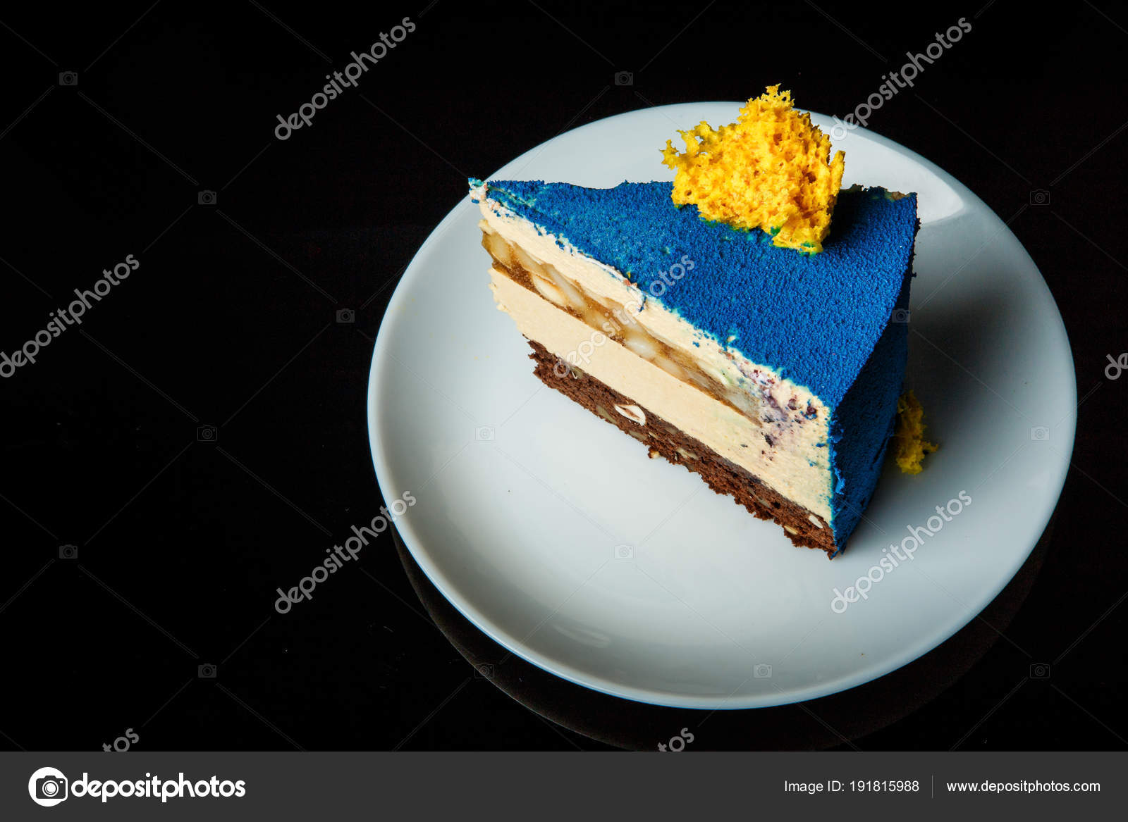 Side View Piece Blue Mousse Cake Yellow Sponge Cake Decoration