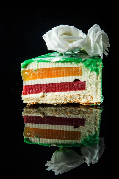Piece Tasty Green Glazed Mousse Cake Yellow Red Jelly Inter — Stock Photo, Image