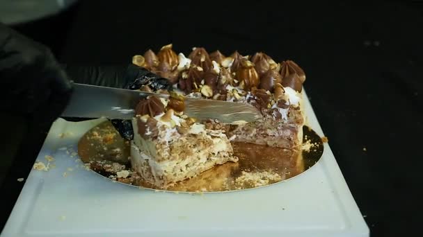 チョコレート クリームと白い背景の上のナットで飾られた菓子手豊富ナイフ二重層キエフ ケーキ カット — ストック動画