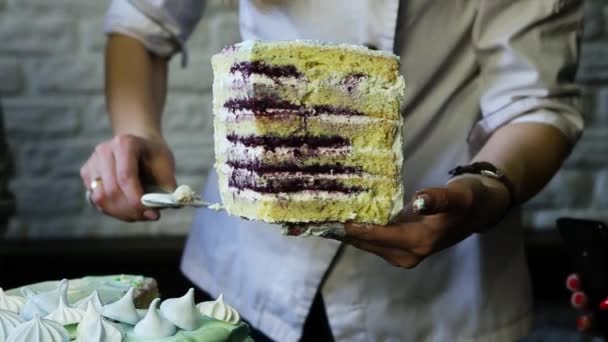 Mani Pasticciere Mostrano Grande Pezzo Torta Compleanno Decorato Con Pan — Video Stock