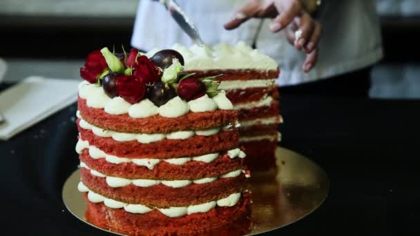 Pasticciere Muove Torta Multi Strato Rosso Decorato Con Bizet Bianco — Video Stock