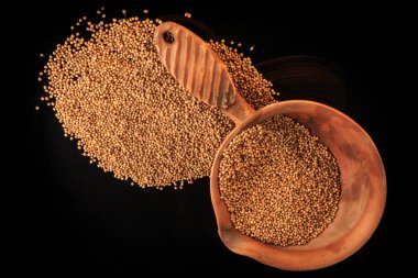 Çamur kasesinde ve yakınında kurumuş aromatik kişniş tohumlarının üst görünümü