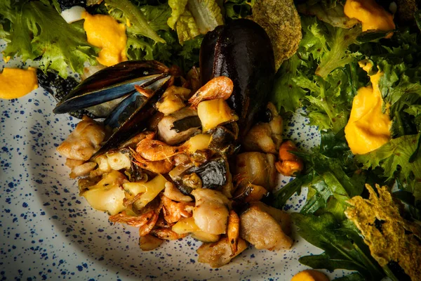 Top view closeup Hidangan lezat berbagai macam makanan laut dan daun salad — Stok Foto
