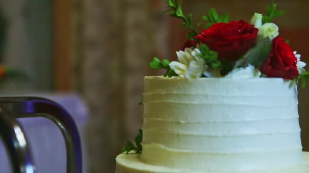 Panorama Rapproché Sur Gâteau Mariage Blanc Deux Niveaux Avec Des — Video