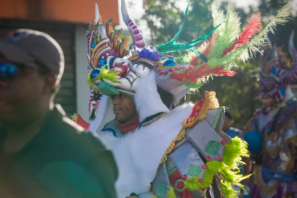 身着五颜六色服装的人在多米尼加一年一度的嘉年华活动中游行 — 图库照片