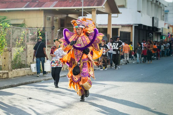 People in colorful costumes march at Dominican traditional carnival annual event — 스톡 사진