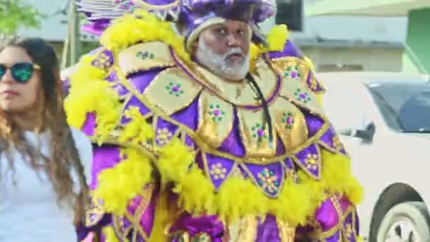 Man in kleurrijke demon kostuum wandelingen op traditionele Dominicaanse carnaval jaarlijkse evenement — Stockvideo